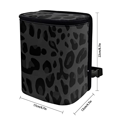 Image of Black Leopard Car Trash Can, Waterproof Car Garbage Can with Lid and Zip Clouse, Leak Proof Portable Car Trash Bag Hanging Vehicle Organizer