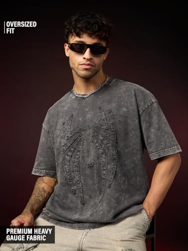 Image of The Souled Store Official Marvel: Spider x Venom Oversized T-Shirt for Men Boys Cotton Casual Half Sleeves Baggy Loose Fit Drop Shoulder Round Neck Black