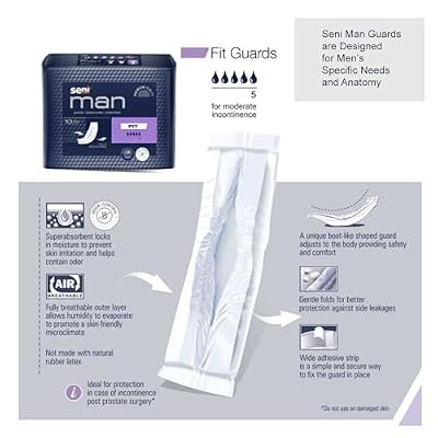 Seni Man Active Guards, Male Incontinence Bladder Control Pads, 3-1/2 x 15-7/10, 10 Count (1 Pack of 10), Heavy Absorbency with Adhesive Strip and Super Absorbent Core, for Men