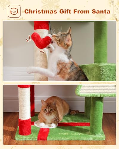Image of MUTTROS Cat Christmas Tree for Indoor Cats - 56.3 inch Cat Proof Christmas Tree Tower with Large Hammock, 3 Scratching Posts & 3 Christmas Toy Balls - Holiday Cat Tree with Festive Decor, Christmas Red