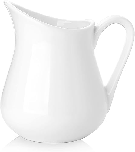 Nucookery Crema de cerámica de 12 onzas con asa, jarra de leche de café blanco, soporte para crema de porcelana para salsas, ensalada, café, leche,