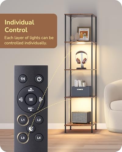 Image of EDISHINE RGBW Floor Lamp with 5-Tier Display Shelves, Remote Control | 2700K-6500K, 3 Lighting Modes, Farmhouse Fire-Burned Wood for Living Room, Bedroom, Office