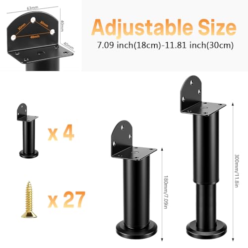 Image of Serplex 4PCS Metal Adjustable Furniture Legs 7.1-11.8 inch, with L-Shaped Pre-drilled Mounting Plate & Screws Heavy Duty Furniture Replacement Legs for Chair /Bed /Sofa /Cabinet /Couch /Dresser /Bed /Table