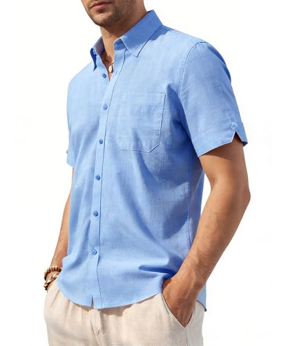 Casey Kevin Camisa Lino Hombre con Mangas Abiertas   Camisas Hombre Manga Corta con Bolsillo Pecho Práctico   Camisa de Lino de Playa de Verano