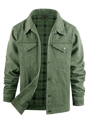 Image of Men's Denim Jacket Lined Flannel Plaid Vintage Cowboy Cut Western Classic Trucker Motorcycle Snap Fall Long Sleeves
