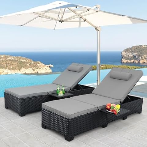 WAROOM Outdoor Chaise Lounge Chairs for Outside Patio Furniture Set of 2 Black Rattan Pool Reclining Chair Adjustable Backrest Sunbathing PE Wicker Recliners with Grey Cushion Cover