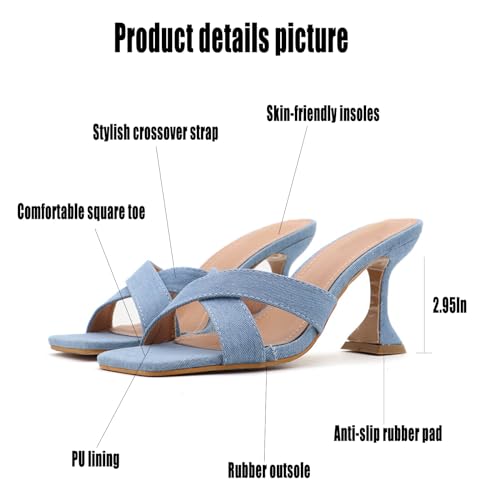 AMAZIDEAL Women's Denim Square Open Toe Kitten Heel Sandals,Summer Fashion Backless Slip-on Kitten Heels Mules,Sexy Party Dress Sandals3