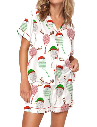Image of SHESHOW Pajamas for Women Set Satin Button Down Short Sleeve Top and Shorts Pjs Sets Sport Ball Print Sleepwear XS-XXL