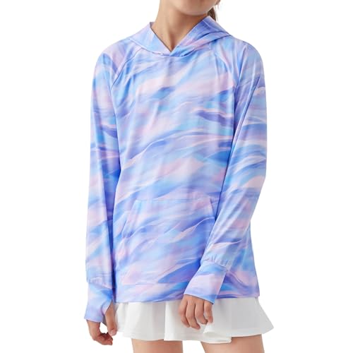 Girls Long Sleeve Shirts Thumbholes Kids UPF 50+ Sun Shirt Lightweight Athletic Hoodies with Pocket