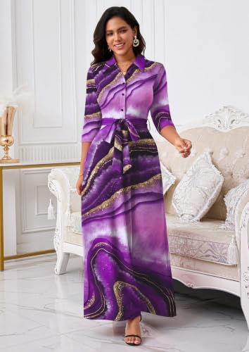 Image of Runwind Women Church Maxi Dresses 3 /4 Sleeve Button Down Print Casual Office Dress African