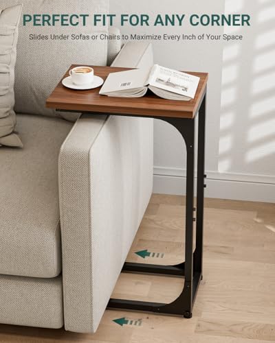 Image of C-Shaped Side Table for Couch - Small Coffee Stand Sofa Tray Desk with Metal Frame and Waterproof Scratch Resistant, Modern End Accent for Living Room, Bedroom, Set of 2, Rustic Walnut