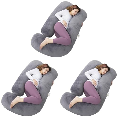 Image of OYO BABY Pregnancy Pillows for Sleeping J-Shape Full Body Pillow and Maternity Support - for Back, HIPS, Legs, Belly for Pregnant Women with Removable Washable Velvet Cover (Grey) (Pack of 3)