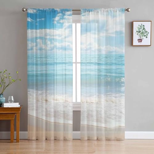 Ocean Beach Theme Sheer Curtains 63 Inch Length 2 Panels Set for Living Room/Bedroom, Tropical Sea Sky View Beach House Theme Semi Curtain Sheers Drapes Rod Pocket Curtains Window Treatment Set