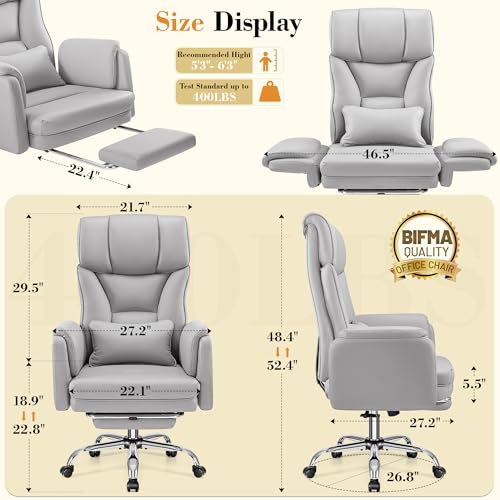 Image of FelixKing Big and Tall Office Chair, 400LBS Wide Leather Executive Chair, Reversible Armrest for Pets Criss Cross Legged, 135 Reclining High Back Gaming Desk Chair with Lumbar Support Footrest, Gray