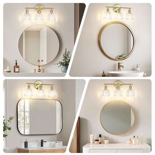 Image of Vintage Bathroom Light fixtures, Gold Vanity Lights, ETL Certified | 18.5 in, Clear Tulip Glass Shade, Hardwired Bathroom Vanity Light, E26 Socket, Bulbs Not Included