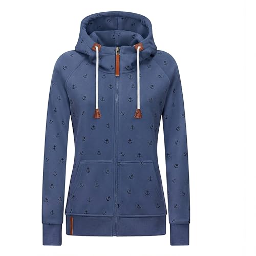 Newbestyle Women’s Hoodies Full Zip Long Sleeve Regular Fit Floral Hooded Sweatshirt Casual Coat Blue 3XL