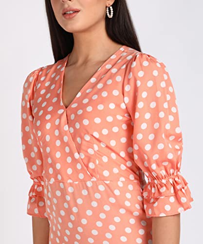 Image of Vahson Bottom 2 Layer Flared Balloon Sleeve V-Neck Dot Printed Short Knee Length Dress for Girls /Women