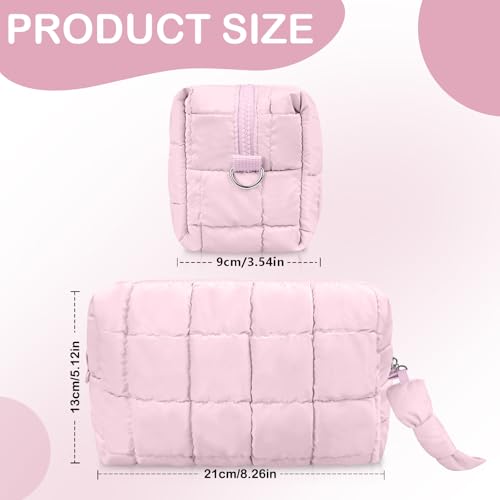 Quilted Cute Makeup Bag, Checkered Cosmetic Bags with Divider, Waterproof Travel Toiletry Bag, Puffy Make up Pouch for Women Travel Essentials (Bow, Pink, Medium)2