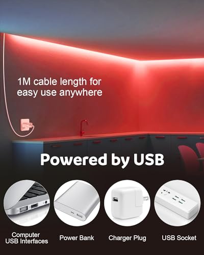 Aclorol Fita de LED COB 5V alimentada por USB COB luz de LED vermelha 3,28FT 320Leds CRI85+ Faixa de