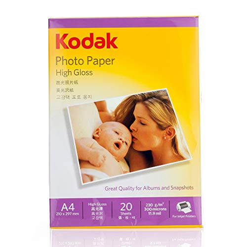 Image of Kodak 230 GSM A4 Glossy Photo Paper Water Resistant, Pack of 20 sheets, Compatible with all Inkjet Printers