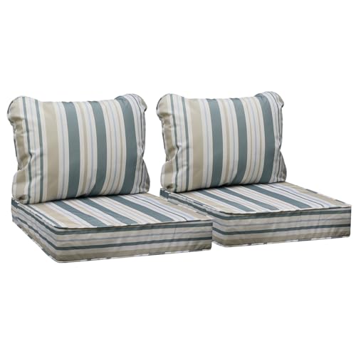 Image of AAAAAcessories Outdoor Seat Cushions for Chairs, Fade-Resistant, Waterproof Patio Furniture Replacement Cushions, 25.5 inch x 25.5 inch x 5 inch + 25.5 inch x 19 inch, Set of 2, Slate Gray Blue Coastal Stripe