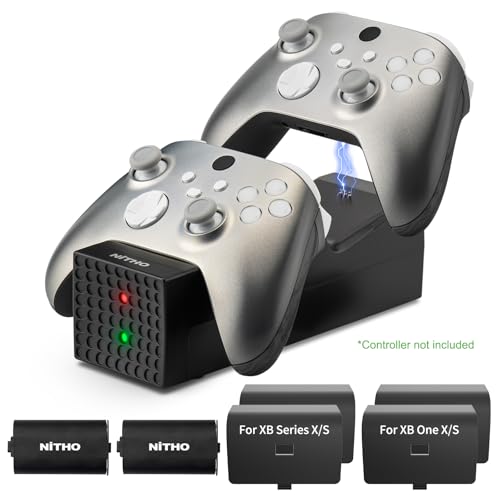 NITHO Cargador con 2 Baterías Recargables para Mando Xbox Series X/S, Xbox One S/X/Elite, Estación de Carga Rápida con 2 x 3000mWh Pilas y 2 Tapas de Batería, Indicador Led - Negro