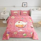 Manfei Cute Rooster Comforter Set Twin Size 2 Pcs,Sweet Dessert Ice-Cream Donut Cake Bedding Set,Cartoon Chicken Animal Graffiti Pink Quilt Set for Child Bedroom,C4 Duvet Insert,1 Pillowcase