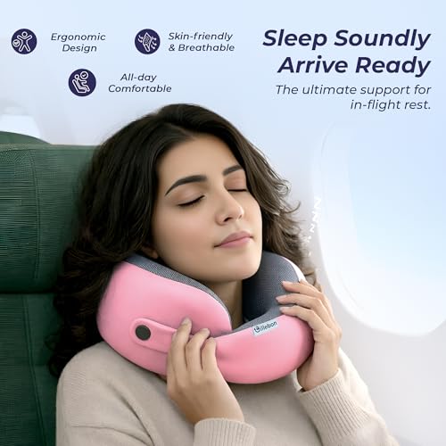 Image of Billebon Memory Foam Neck Pillow, Snake Shape Travel Pillow with Snap Button, Neck Pillow for Travelling & Flight Travel, Ergonomic Support for Comfort & Pain Relief(Pink Single)