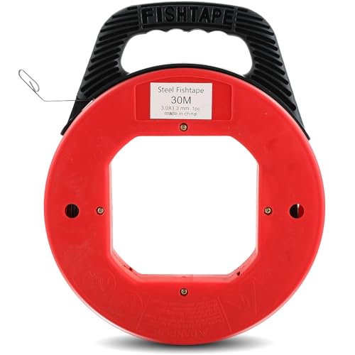 FLKQC 100 Feet (30M) Steel Fish Tape in Red Plastic Housing Retractable Wire Fish Tape Reel Pulling for Heavy Duty Pulls, Short Runs and Conduit Measuring by FLKQC - Used condition - US$15.31