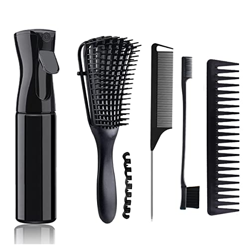 MRTREUP 5Pc Detangler Brush And Comb Set For Curly Hair, Continuous Hair Mist Spray Bottle 10oz,Rail Tail Comb Set for Women, Men Curly Long Wavy Thick Hair