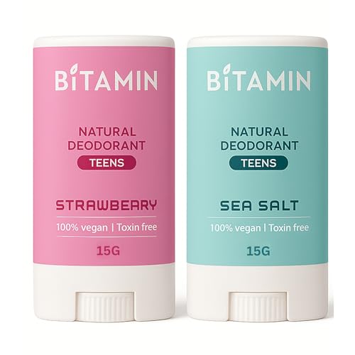 Image of Bitamin Natural Deodorant Underarm Roll On Cream For Kids & Teens | Kids Deodorant Roll On for Girls & Boys With 3% Vitamin C & E | No Aluminium, No Alcohol, No Parabens & No Triclosan | 8 Hour Odour Control, Ages 10-18 | Sea Salt & Strawberry 15 g Each (Pack Of 2)