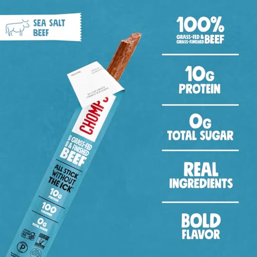 Image of Chomps Grass-Fed and Finished Sea Salt Beef Jerky Snack Sticks 10-Pack - Keto, Paleo, Whole30, 10g Lean Meat Protein, Gluten-Free, Zero Sugar Food, Non-GMO