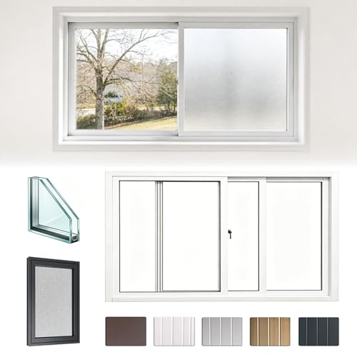 Custom Aluminum Sliding Windows with Double Pane & Mesh Screen, White/Black/Gold/Silver/Brown Basement Window， 32"×12", 40"×24" Windows for Sheds, Bathroom