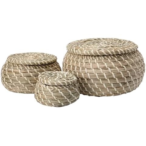 Small Wicker Basket with Lid, Round Woven Set of 3 Seagrass Baskets, Little Handmade Rattan Storage Basket Box for Shelf, Bathroom Decor Cover