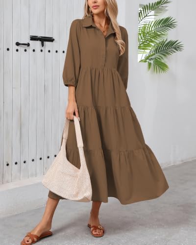 Image of Women Button Down Maxi Shirt Dress Long Sleeve Flowy Tiered Collared Dresses with Pockets