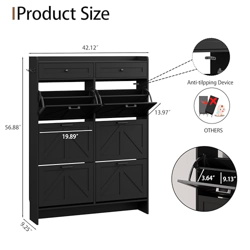 Image of Shoe Cabinet with 6 Flip Drawers & 2 Top Drawers, 57 inch Tall Freestanding Narrow Wooden Shoe Storage Organizer for Entryway, Hidden Slim Shoe Rack for Front Door Entrance, Hallway, Living Room, Black
