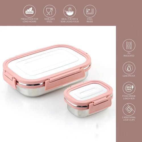Image of BLLUEX Stainless Steel Tiffin Lunch Box with 4 Side Silicone Sleeve Clip Lock Lid, Food Storage Containers, Leak-Proof Bento Box Ideal for Work, School & Travel, 2 Containers (750ml and 250ml) - Pink