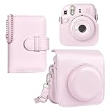 HIYQIN チェキケース instax mini 12ケース,Fujifilm チェキ12ケース と28枚写真入れアルバム付き２点セット チェキ mini 12カメラケース ショルダーストラップ付き PUレザー - ピンク
