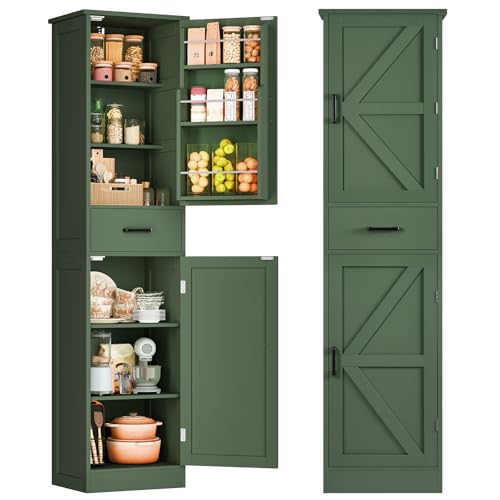 TEENFON Kitchen Pantry Cabinet with 3 Door Shelves & 1 Drawer Narrow Bathroom Cabinet with Adjustable Shelves Tall Storage Cabinet for Living Room Bathroom Entryway Green