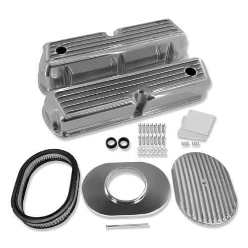 IMOOA Tall Valve Covers For Ford SBF 289 302 351W 5.0L 1962-1985 and 12 Oval Full Finned Air Cleaner Polished Aluminum
