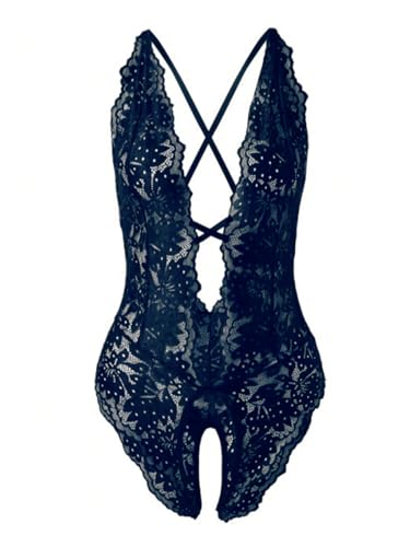 Image of SOLY HUX Women's One Piece Lingerie Sexy Lace Babydoll Deep V Teddy Criss Cross Backless Teddy Mini Bodysuit