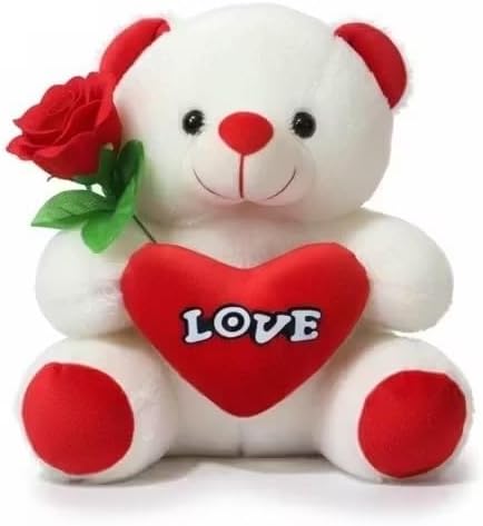 Stuffed Lovable White Red Rose with Heart Soft Stuffed Lightweight Huggable Toys for Baby Girls & Boys, Best Gifting Item for Birthday, Wedding, Valentine