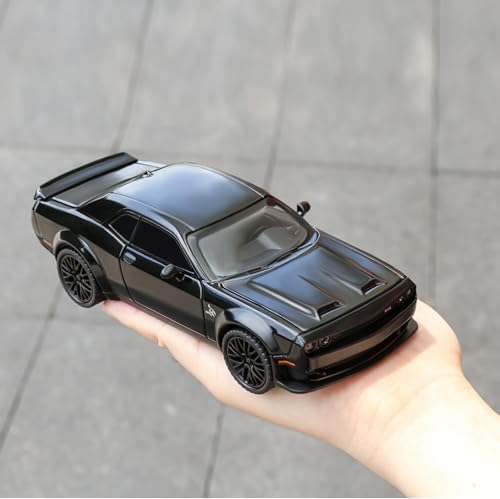 Image of WORSHIPER 1:32 Scale Dodge Challenger Hellcat Die-Cast Metal Toy Car with Lights & Sound, Pull Back Action, Openable Doors, Hood & Trunk | Alloy Sports Car Model for Kids & Collectors (Black)