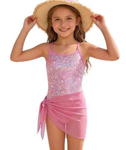 MFAVIP Girls Swimsuit Quick Dry Pink One Piece Bathing Suit with Cover Up Skirt Swimwear Sparkle 9-10 Years