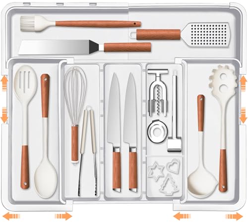 Large Utensil Drawer Organizer Expandable Silverware Organizer for Kitchen Drawer Adjustable Cooking Utensil Holder Cutlery Flatware Tray Spatula Tools Gadgets Storage Dividers Plastic White