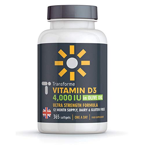 Transforme Vitamin D3 4000 IU in Olive Oil, 365 Capsules 1 Year Supply, Maximum Strength High Absorption Softgels, Easy to Swallow Quadruple Strength Vitamin D Cholecalciferol - Not Tablets