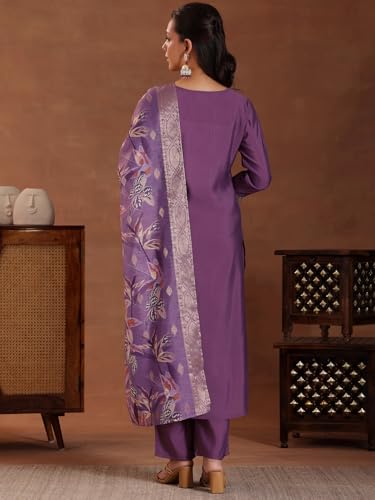 Image of Libas Womens Embellished Silk Blend Straight Kurta With Trousers and Dupatta | ethnic wear | bridal suit | wedding dress | occasion wear