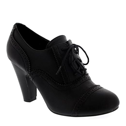 Kvinnors Mary Jane Brogue snörningk änga kubanska klackar arbete kontorsskor - Svart - 38