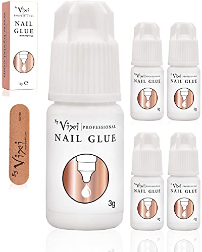 3g x 5 PEGAMENTO PARA UÑAS ULTRAFUERTE con LIMA DE PREPARACIÓN GRATUITA Adhesivo transparente con secado instantáneo, calidad de salón de belleza profesional - By Vixi Cover