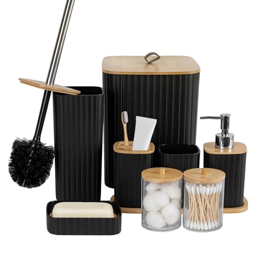 Capslpad Badezimmer Set 9 Teiliges Modern Badgarnitur Badezimmer Zubehör Set: Baumwolltupferglas Mülleimer Lotionsseifenspender Toilettenbürsten und Halter Seifenschale Zahnputzbecher(Schwarz)